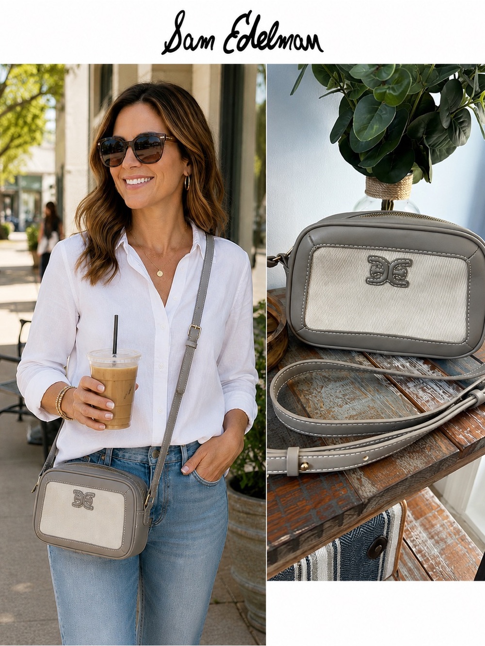 Sam Edelman Gray & Ivory Canvas Logo Crossbody Camera Bag